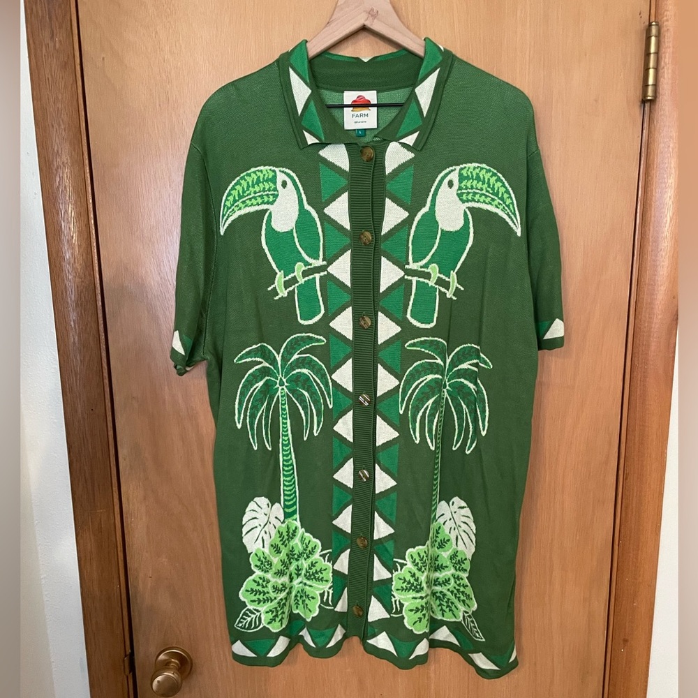 FARM Rio Green Tropical Toucan Button-Up shirt dress